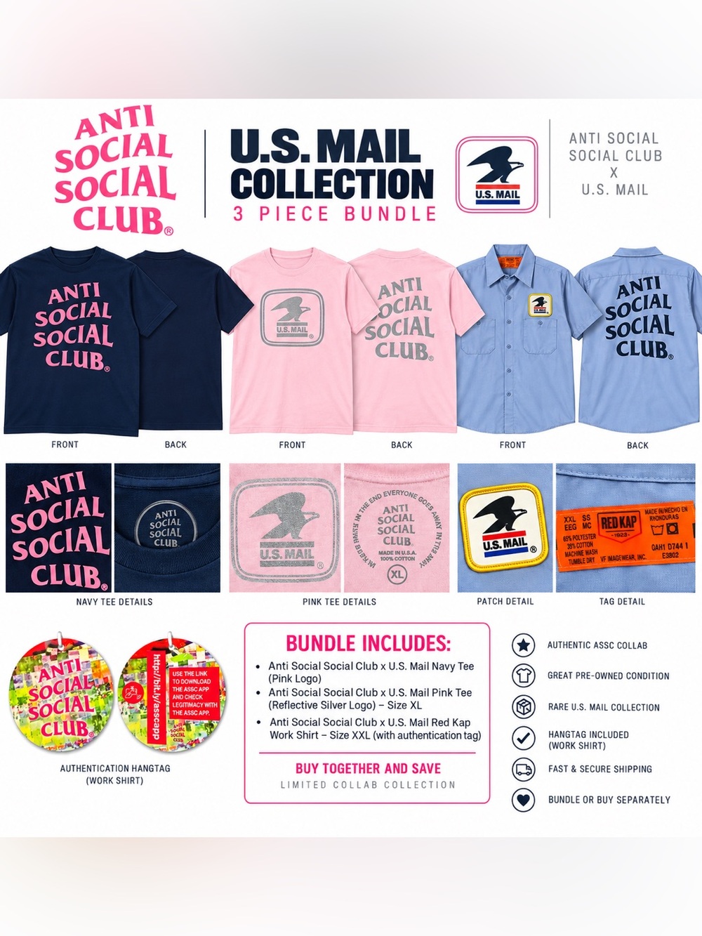 2XL PADS Anti Social Social Club x US Mail 3 Shirt Bundle from 2020 collab. XXL